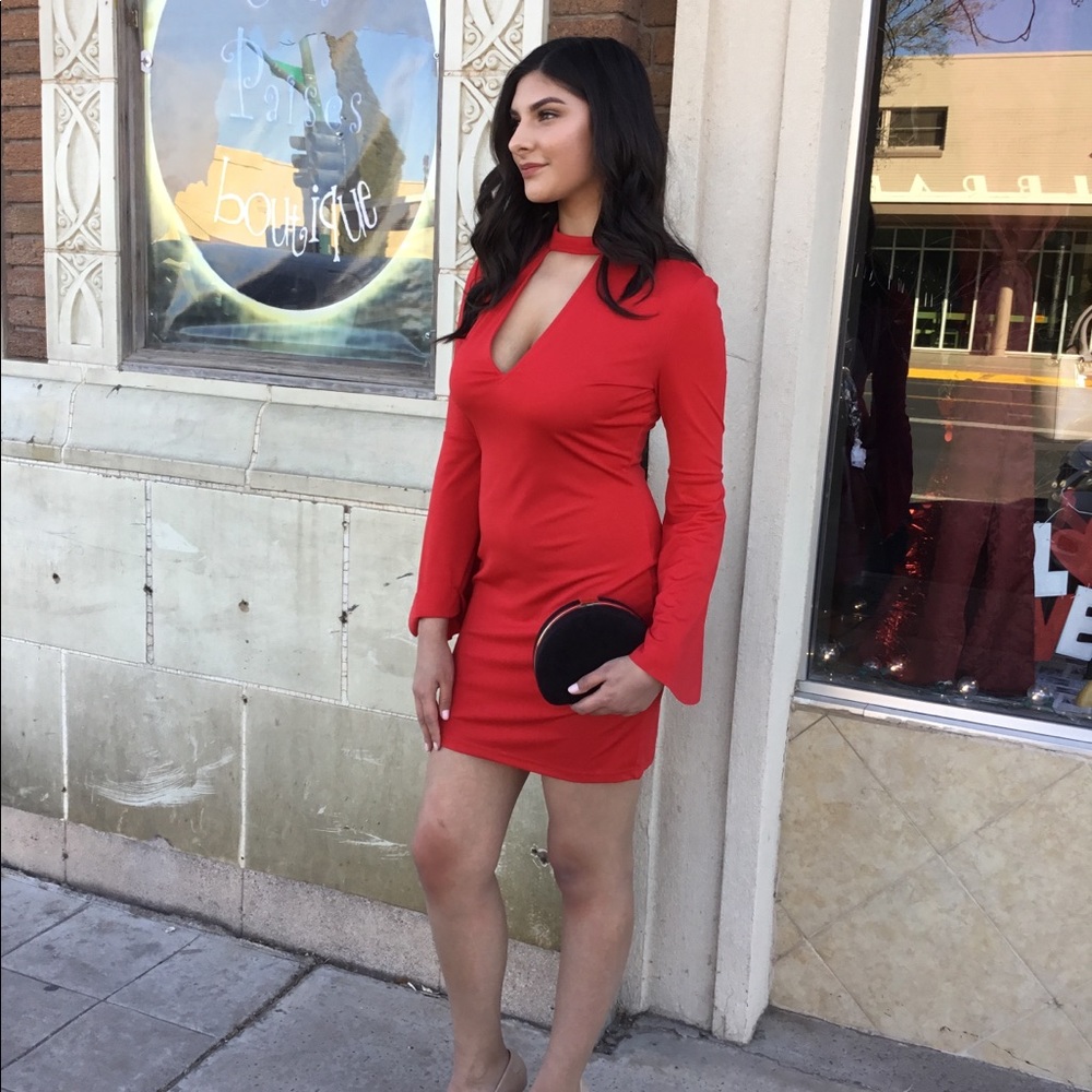 Red Flare Sleeve Dress-CLEARANCE - Picture 3 of 7